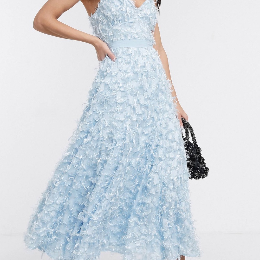 ASOS midi dress with fringe 3D fabrication in powder blue US 6